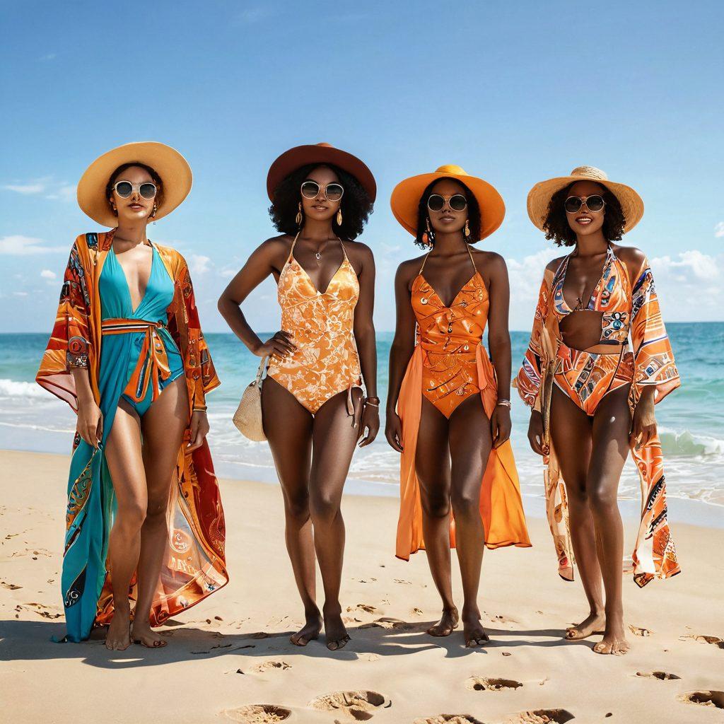 A stylish beach scene showcasing a diverse group of women in fashionable swimwear that balances modesty and trendiness. Incorporate elements like vibrant summer colors, elegant cover-ups, and unique patterns celebrating different cultures. Include beach accessories such as wide-brimmed hats and stylish sunglasses, with a glowing sun setting in the background. The composition should evoke warmth and empowerment. vibrant colors. super-realistic. natural lighting.