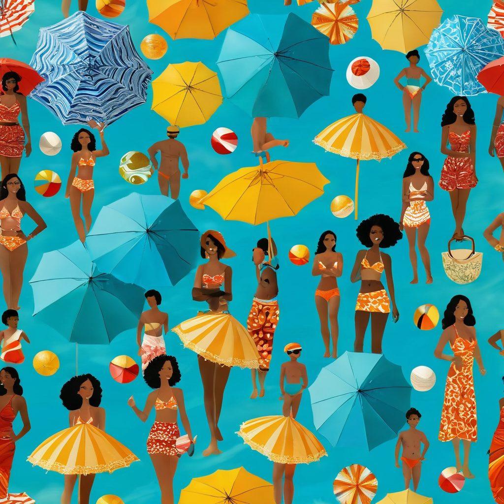 A sun-kissed beach scene featuring diverse individuals of various ethnic backgrounds wearing trendy swimwear that reflects their ancestral roots. Incorporate vibrant patterns and textures inspired by traditional garments, set against a backdrop of turquoise waves and golden sands. Include colorful beach umbrellas and playful beach accessories to enhance the lively atmosphere. Bright sunlight casts playful shadows, inviting viewers into a joyful summer vibe. super-realistic. vibrant colors.